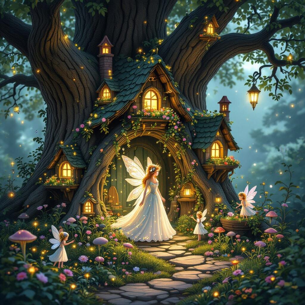 Enchanted Fairy Village in Ancient Oak: Rackham Style