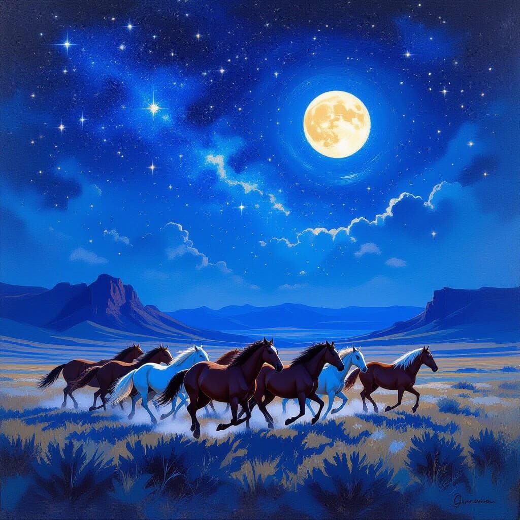 Horses Galloping Under Starry Mongolian Night Sky