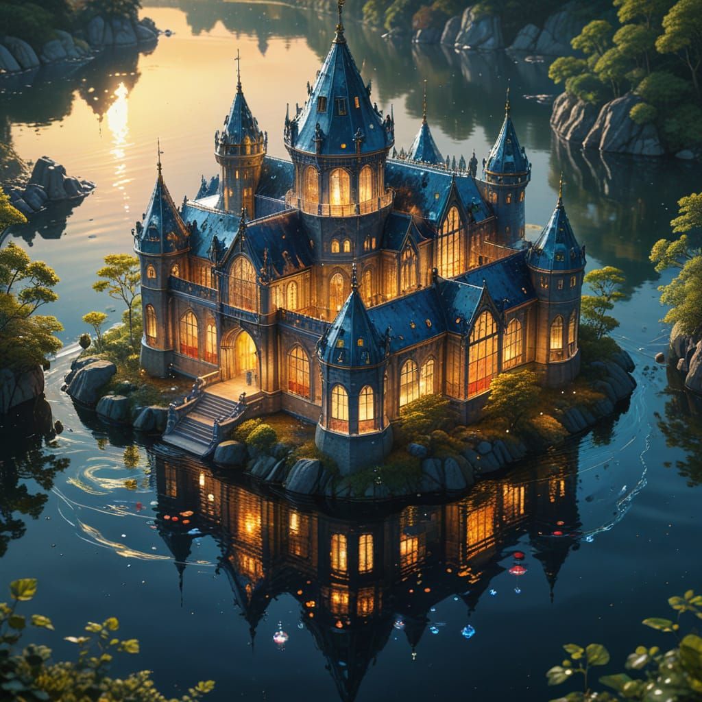 Glass Castle on Lake: Watercolor Digital Illustration