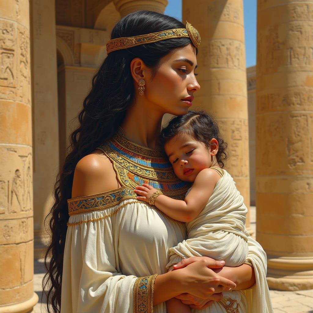 Ancient Egyptian Mother with Child in Traditional Linen Garb