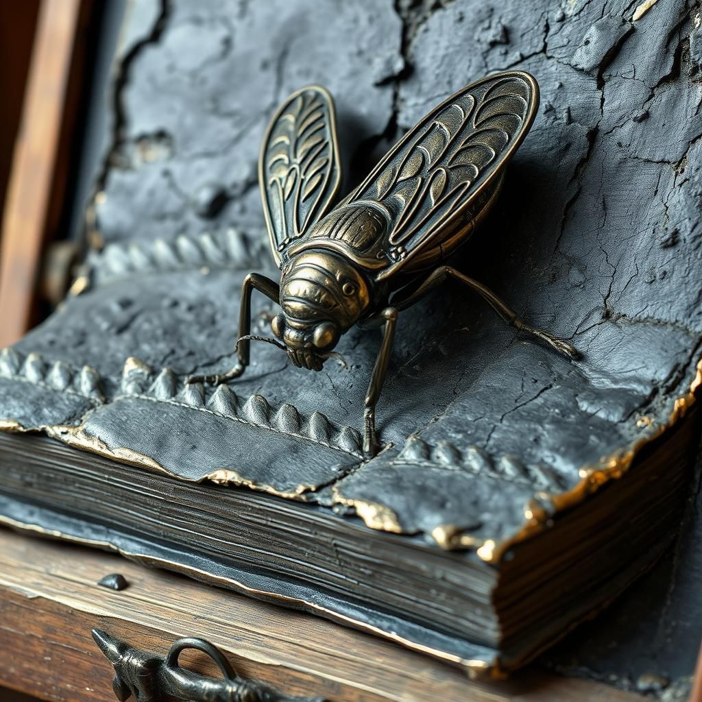 Bronze Cicada Sculpture on Ancient Book