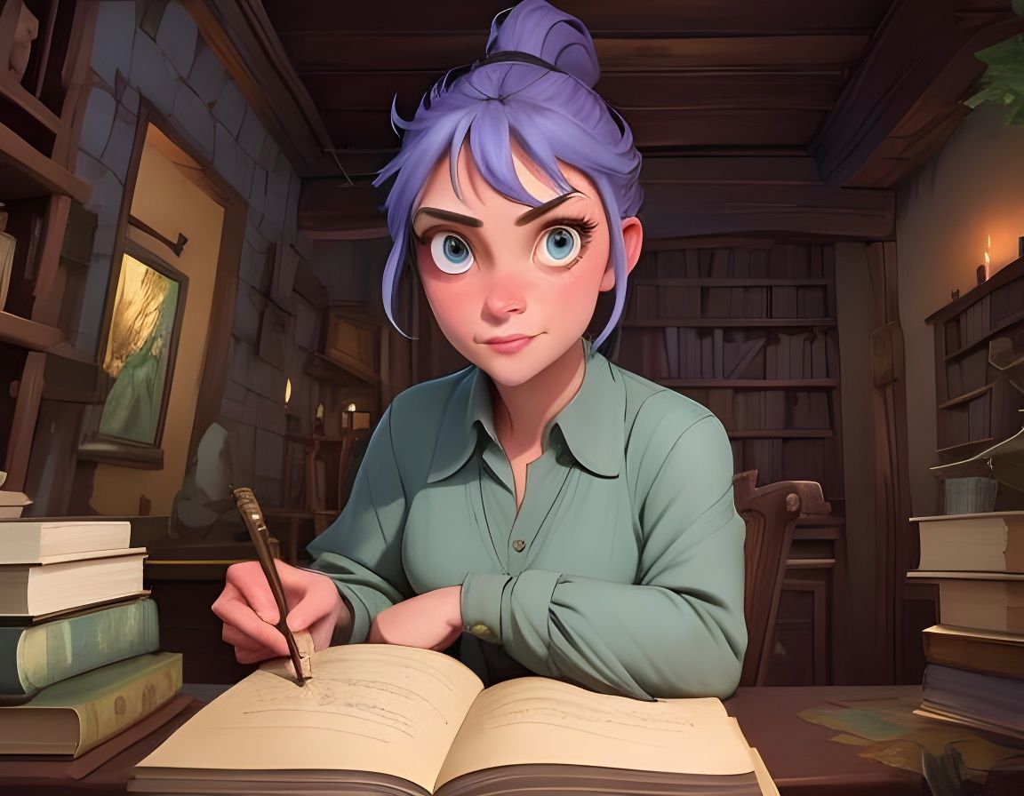 Girl in Lovecraftian Library Fantasy Illustration