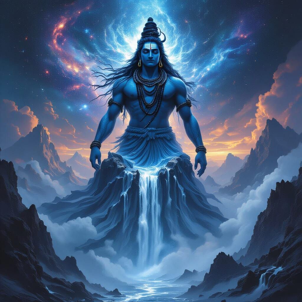 Cosmic Lord Shiva as a Mountain with Starry Waterfalls