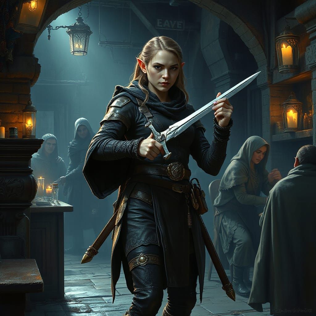 Elven Rogue Stands Ready in Shady Tavern