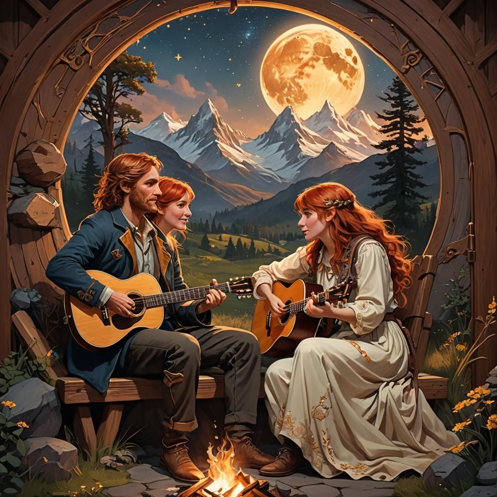 Romantic Campfire Serenade Under Moonlight, Digital Art