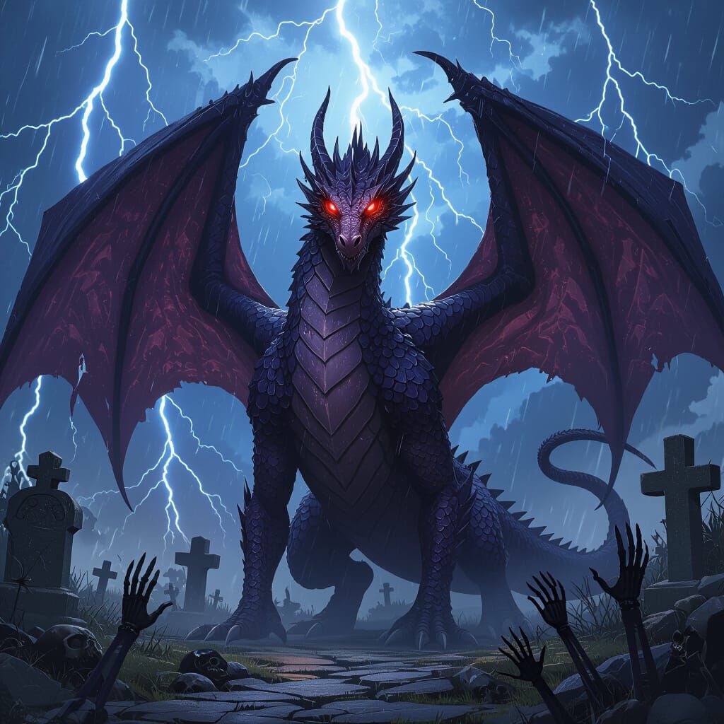 Fearsome Purple Dragon in Graveyard During Stormy Night