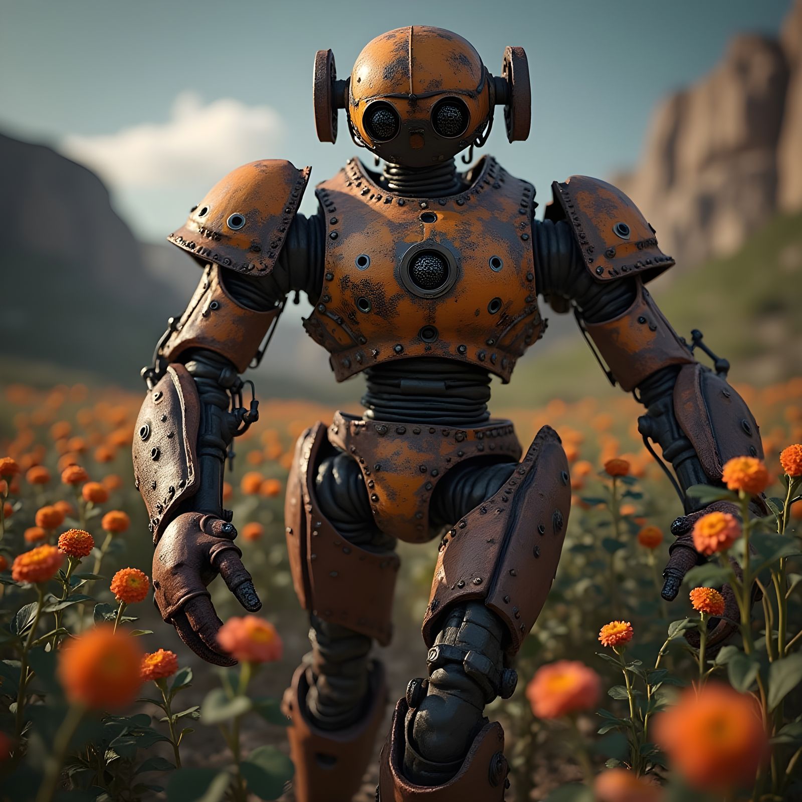 Rusty Robot with Flowers: 3D Render in Unreal Engine