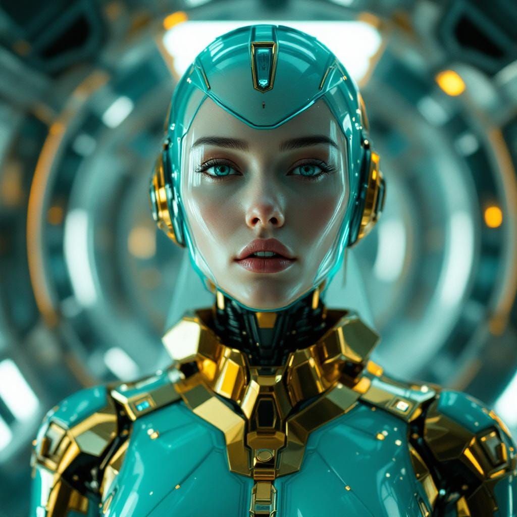 Glass Robot Woman in Spaceship: Cinematic Film Still