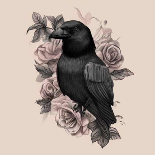Realistic Raven with Roses Black and White Illustration