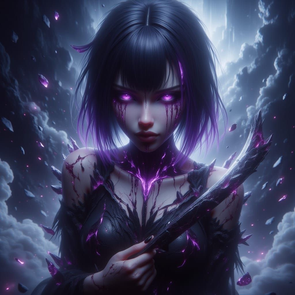 Anime Girl with Knife in Vaporous Mist