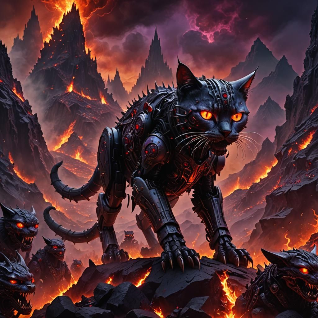 Cyberpunk Robot Cat Over a Blazing Hellish Landscape