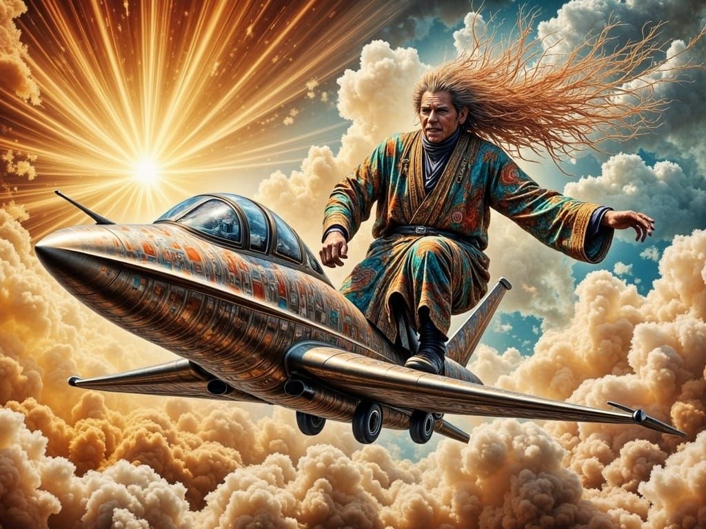 Surreal Fantasy Hero Zooms Past Jet on Magical Carpet