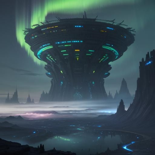 Alien Football Game Under Aurora, Fantasy Concept Art