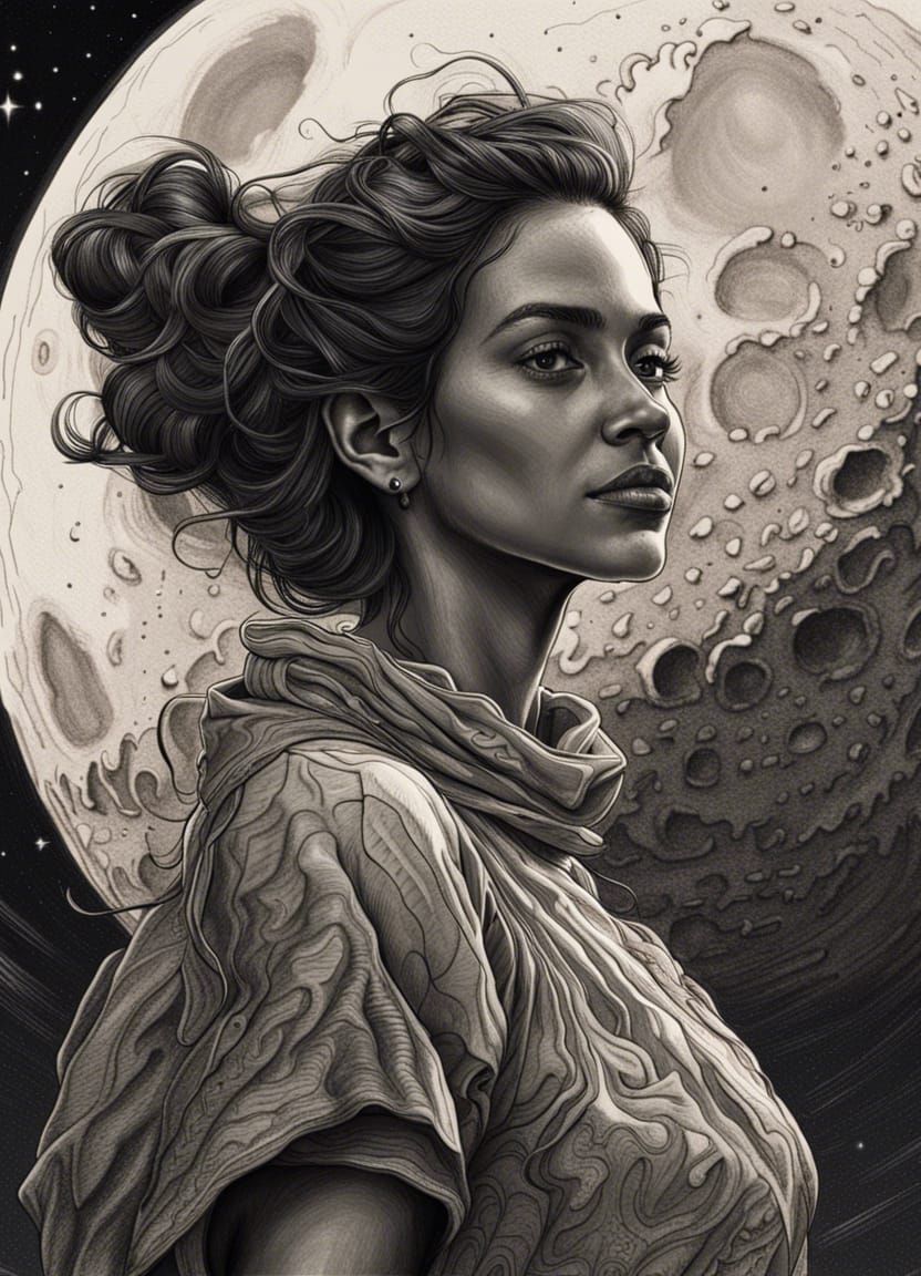 Hyperrealistic Woman on the Moon in Ink