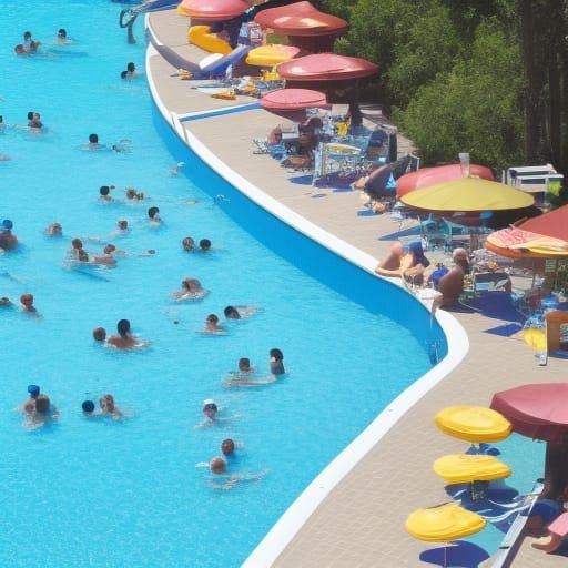 Vibrant Swimming Pool Scene with Crowd