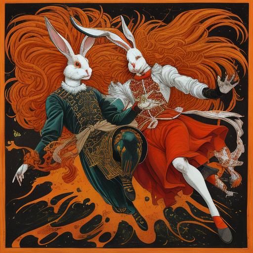 Surreal Rabbit Chaos in Botticelli-Schiele Style