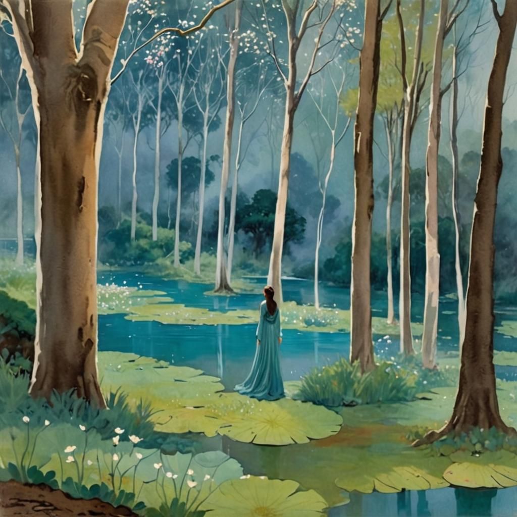 Mystical Forest Scene with Woman in Flowing Gown