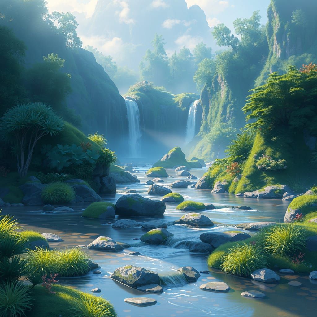 Ethereal Hydrologic Landscape with Waterfalls