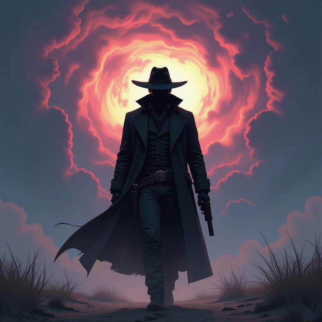 Gunslinger Silhouette Against Nebula in Futuristic Style