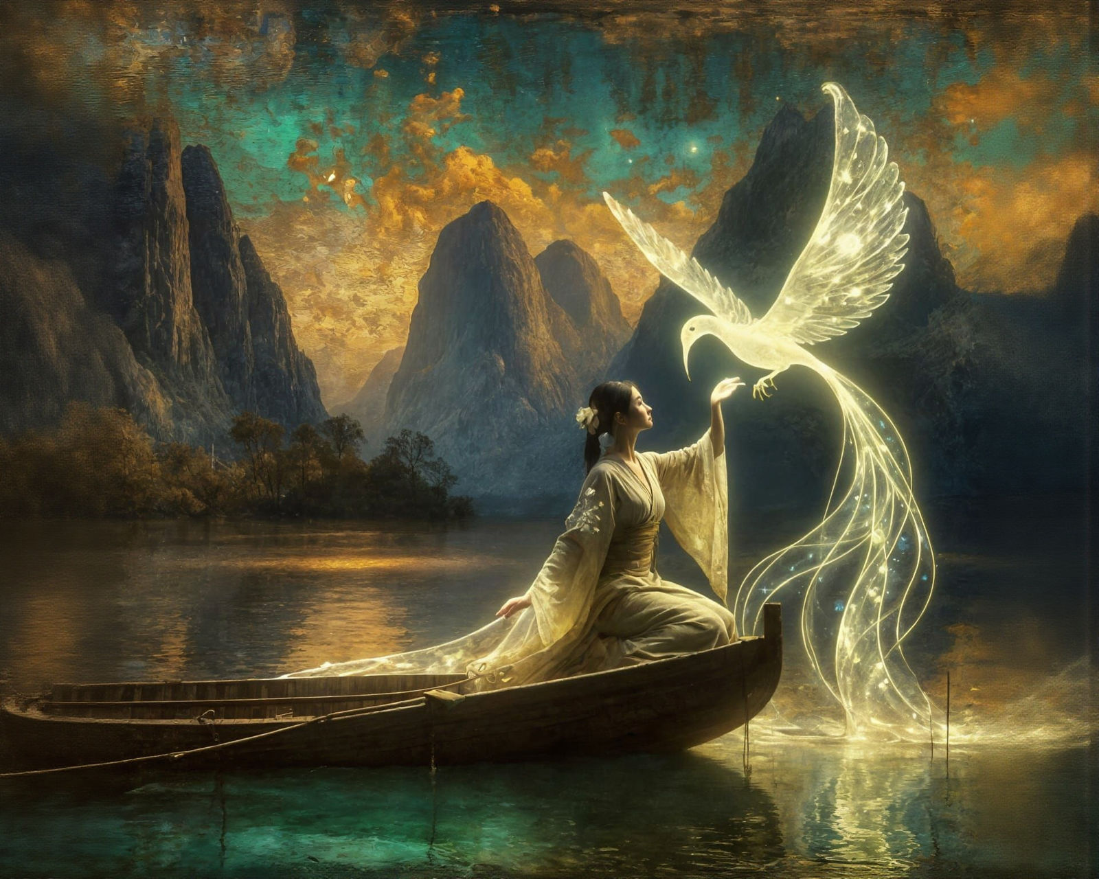 Bioluminescent Bird and Asian Beauty, as Oil Painting