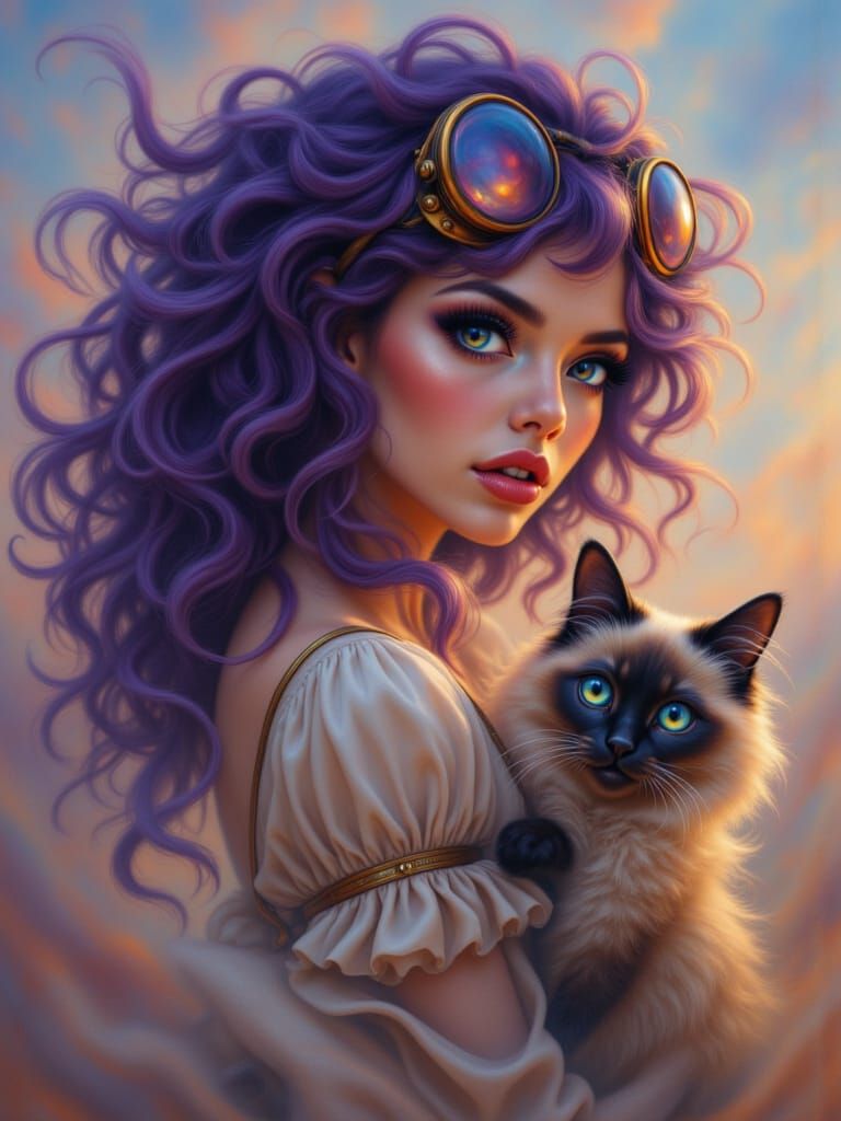 Steampunk Woman and Siamese Cat in Foggy Landscape