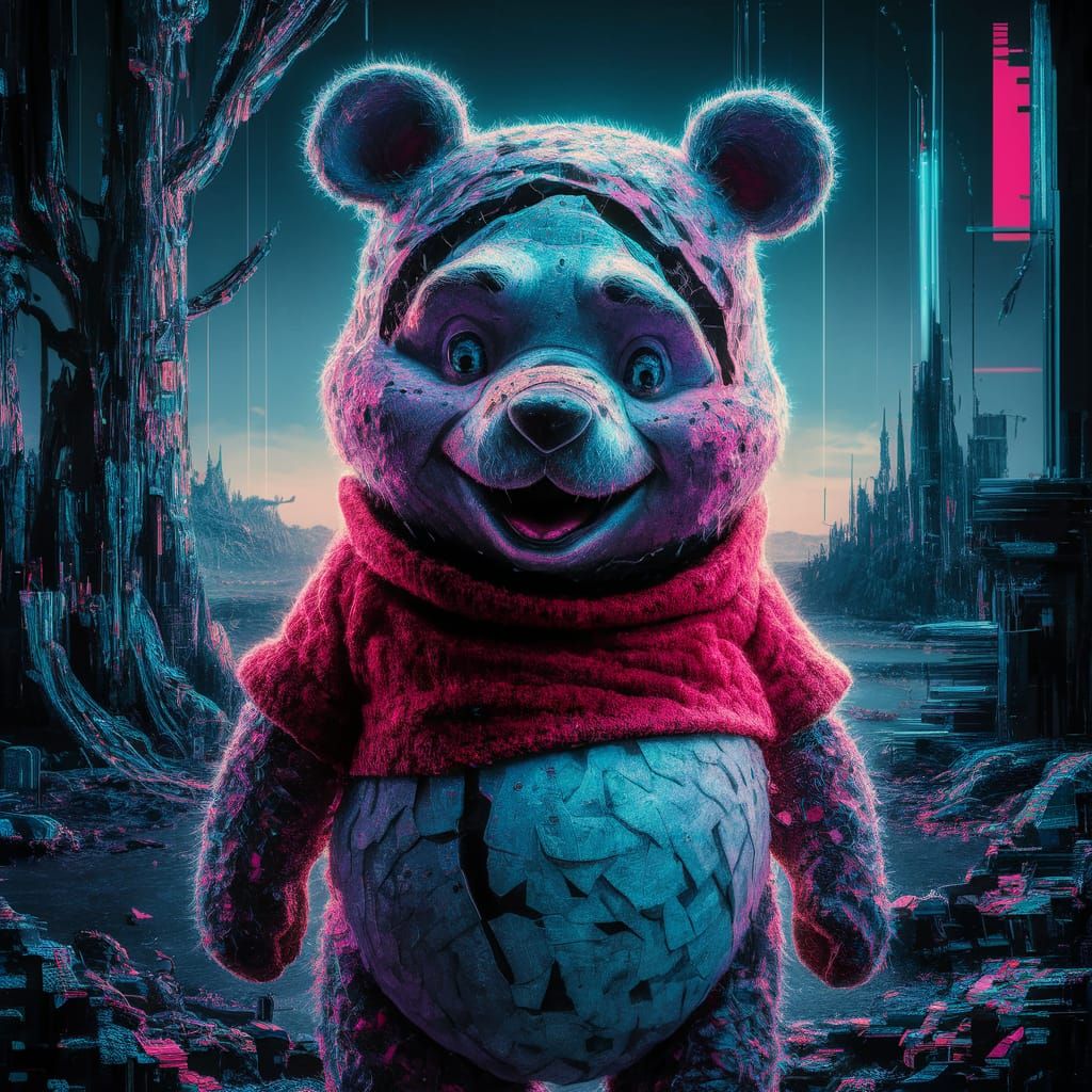 Cyberpunk Winnie-the-Pooh in Glitch Forest