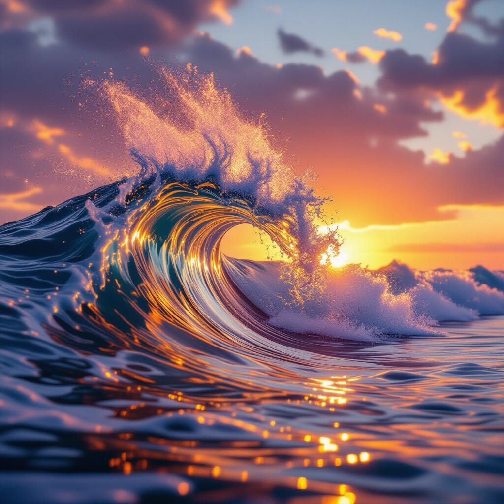 Golden Wave Crashing at Sunset in Photorealistic Style