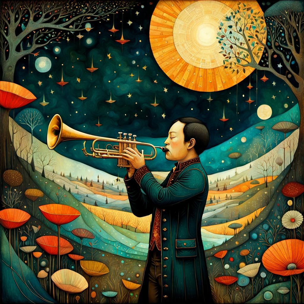 Whimsical Dark Trumpet Player Collage