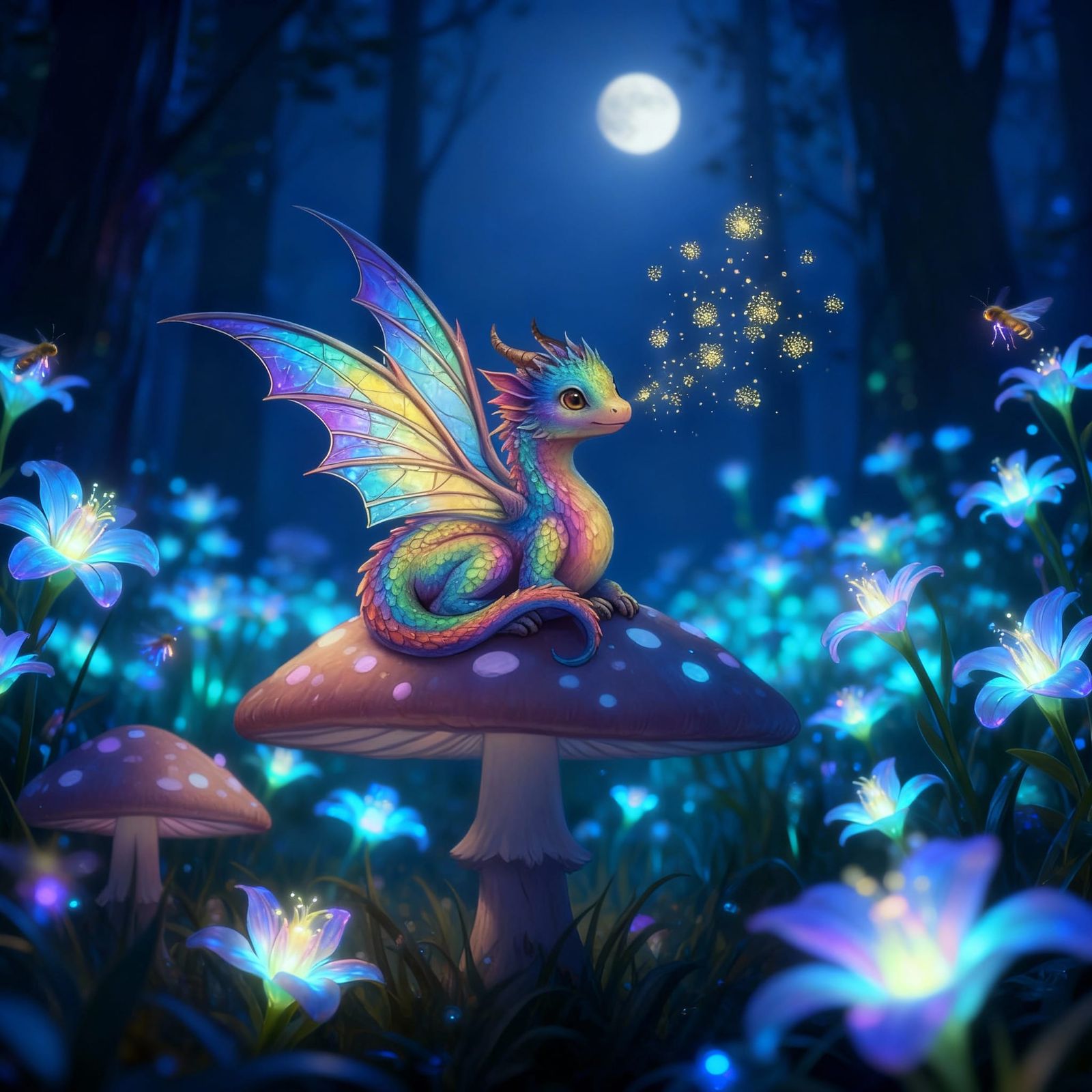 Tiny Rainbow Dragon on Mushroom in Bioluminescent Forest