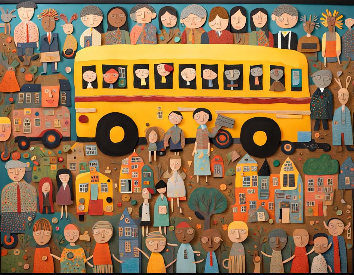Whimsical School Bus in 3D Folk Art Style