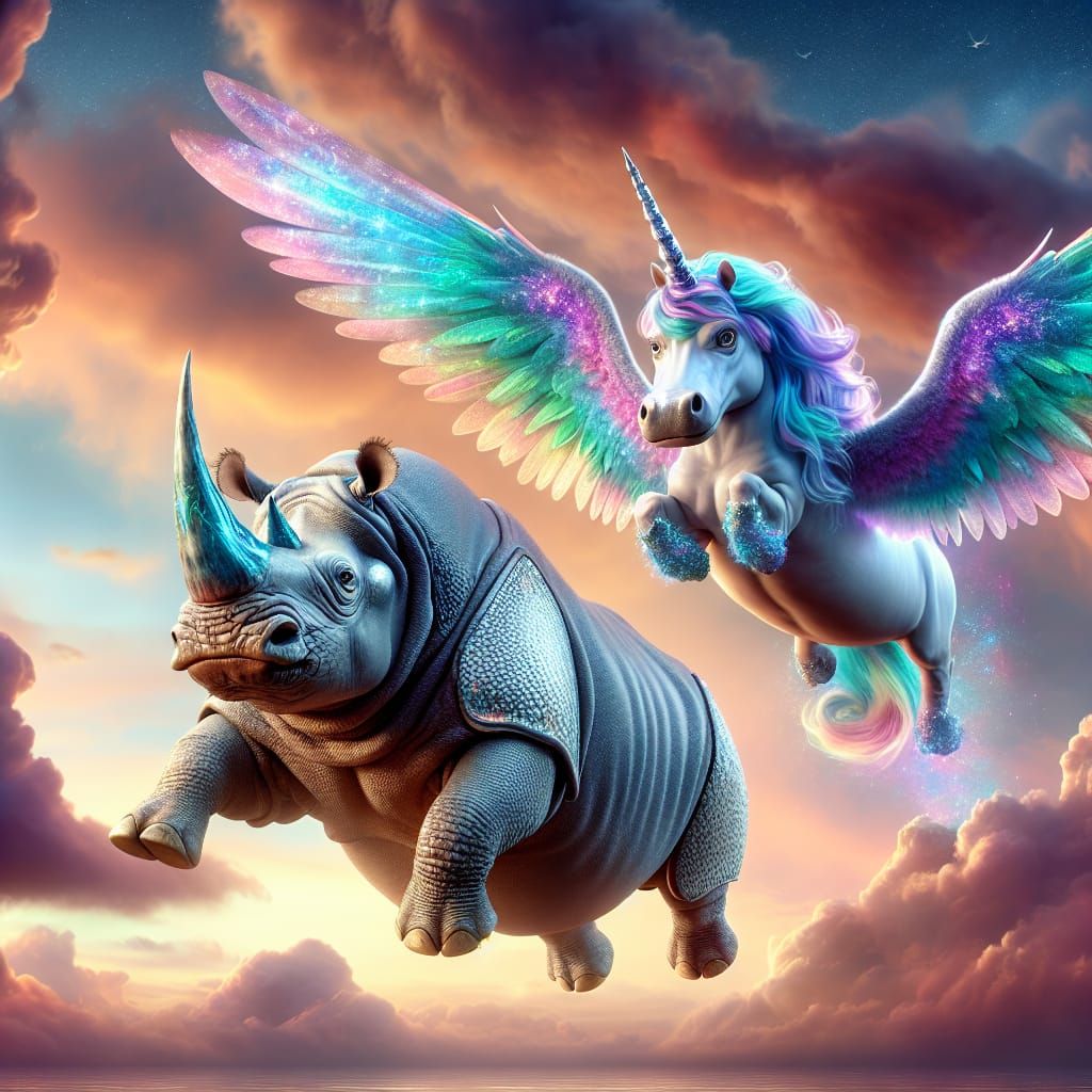 Winged Rhino and Hippo Battle in Surreal Sky