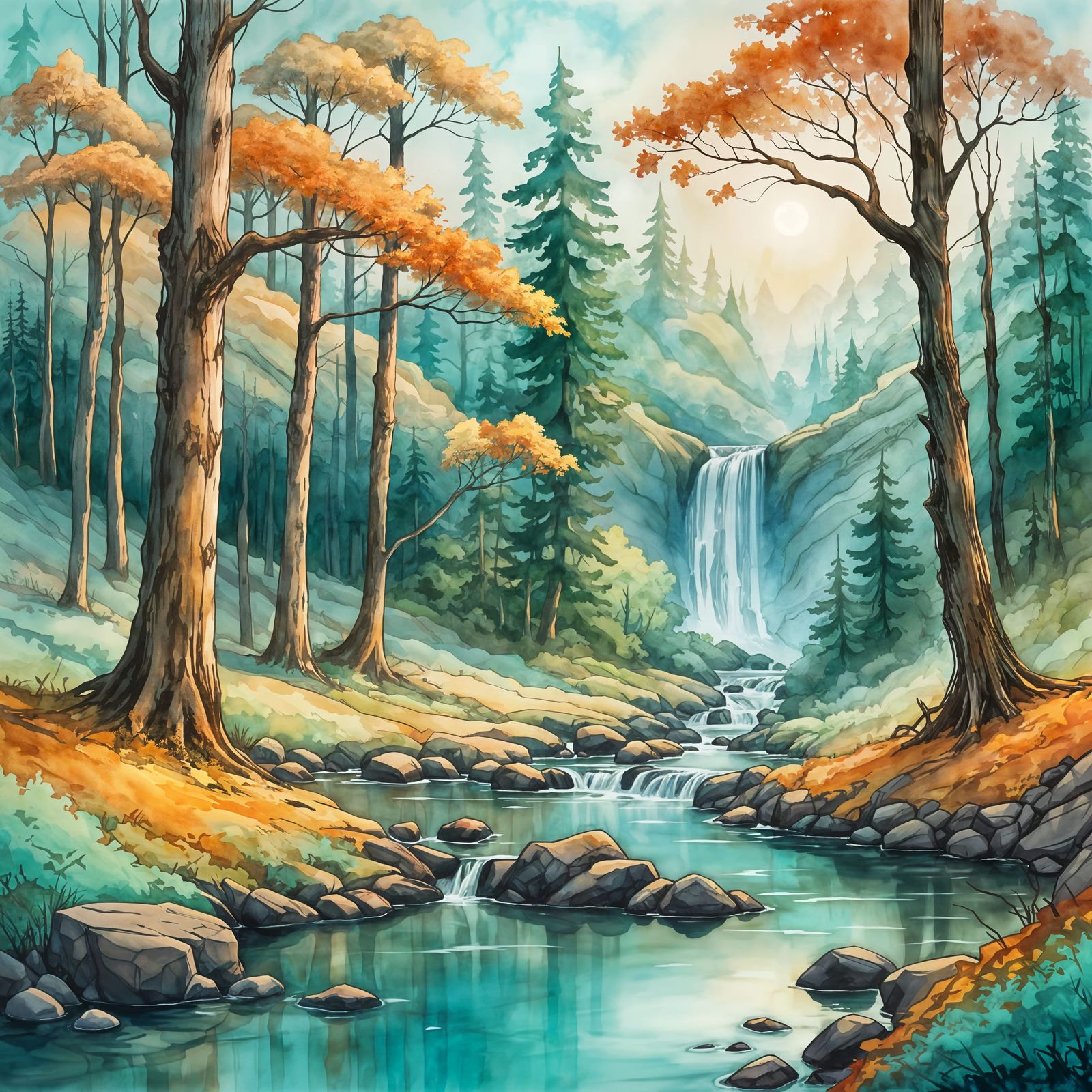 Enchanted Forest Landscape in Arthur Rackham Style