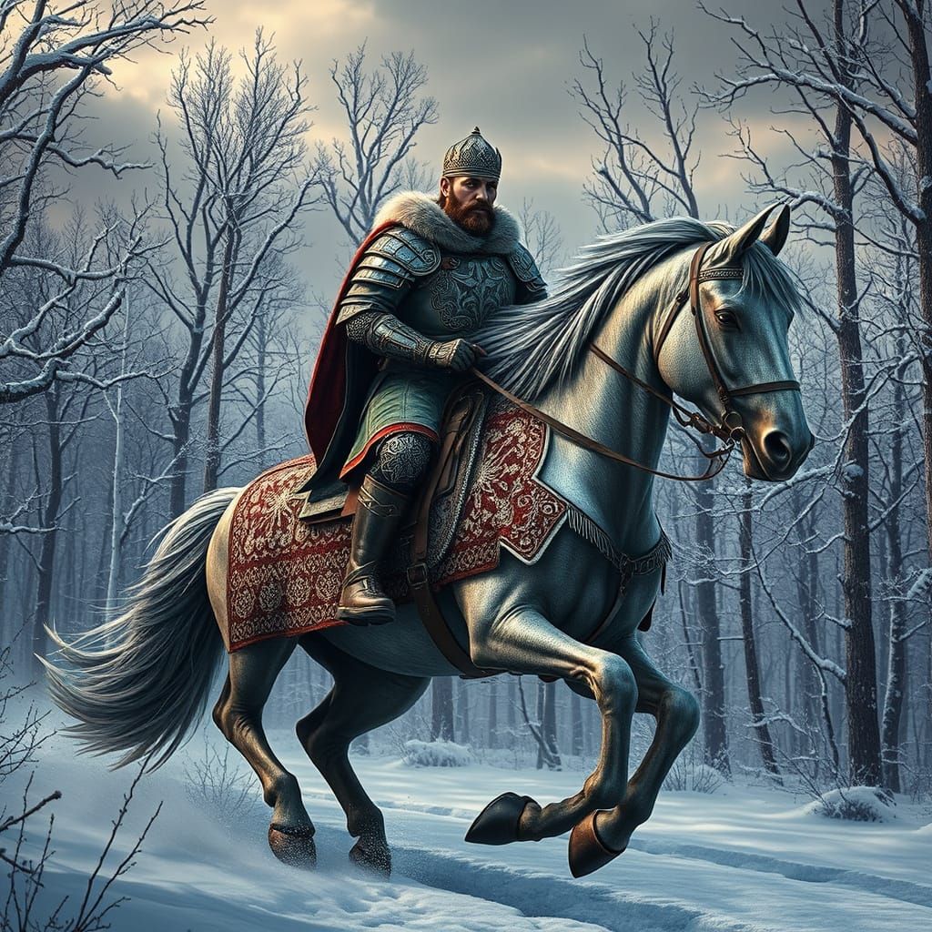 Heroic Russian Warrior Rides into Winter Woods