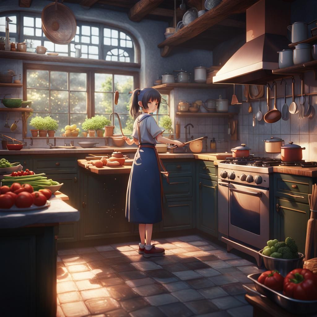 Anime Girl Cooking: Detailed Fantasy Art