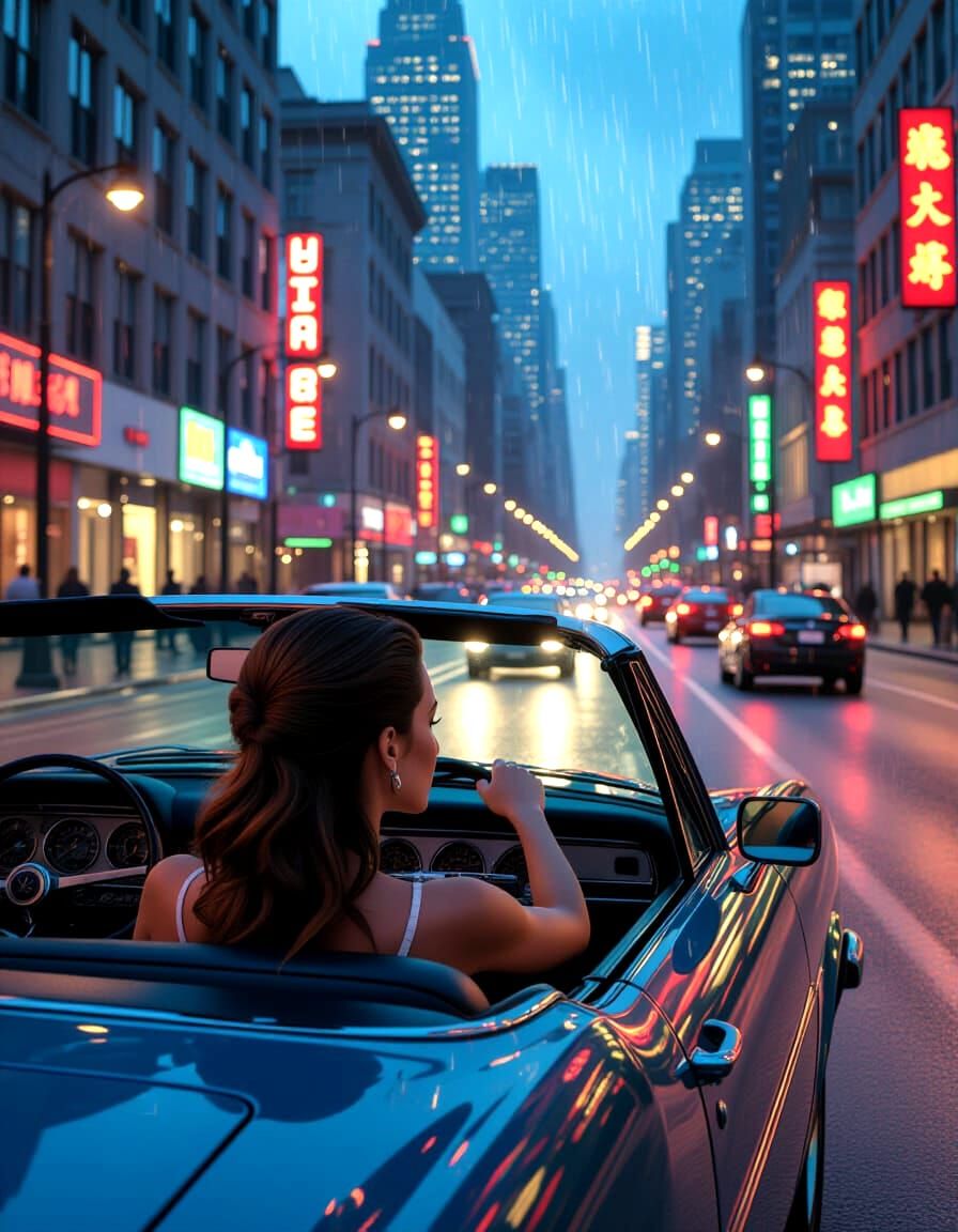 Woman Driving Downtown in Cinematic Digital Art