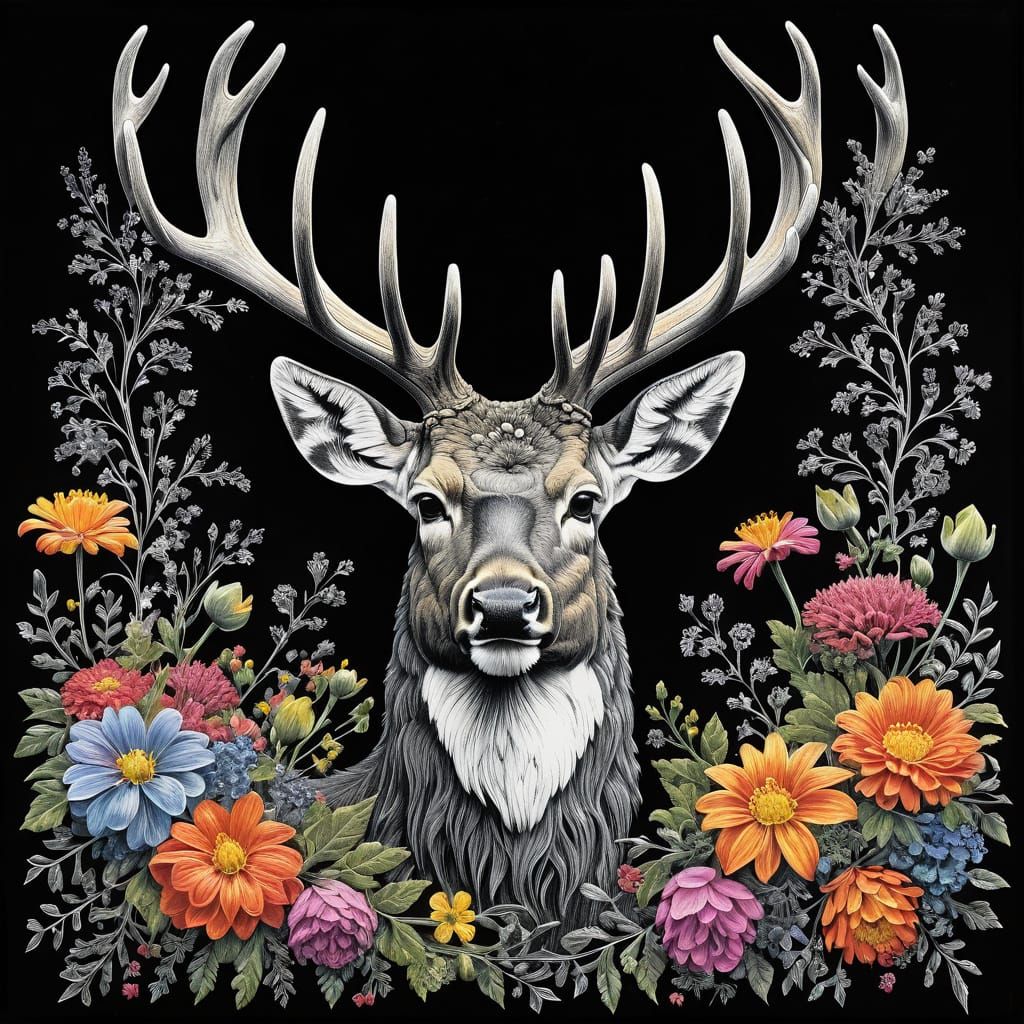 Chalkboard Deer Head Surrounded by Flowers