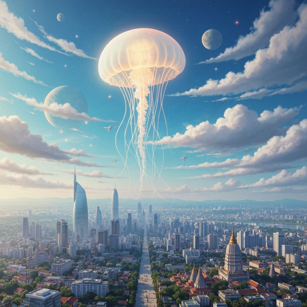 Giant Jellyfish Floats Over Metropolis in Surreal Sky