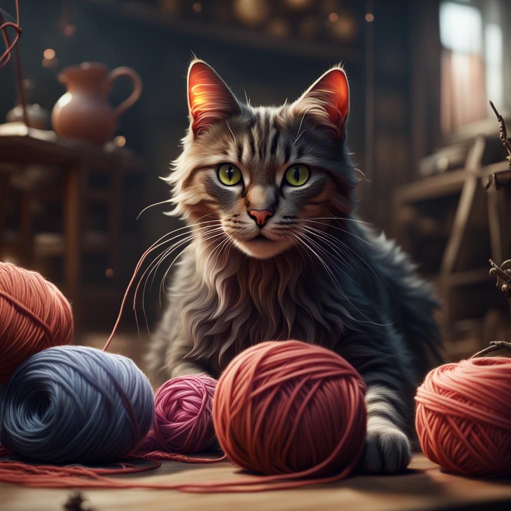 Fantastical Cat Playing with Yarn in Detailed Matte Painting
