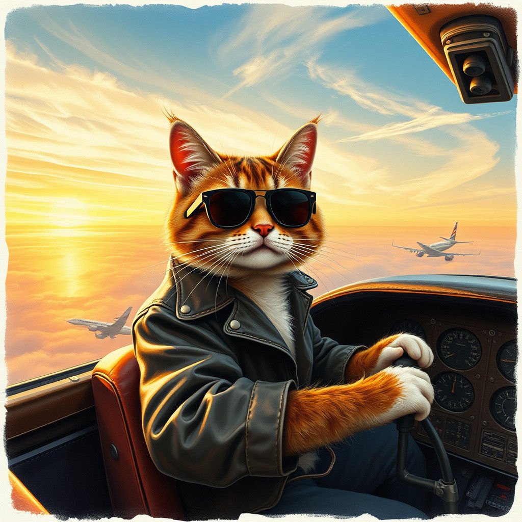 Cat Pilot Soaring Through Sunset Clouds