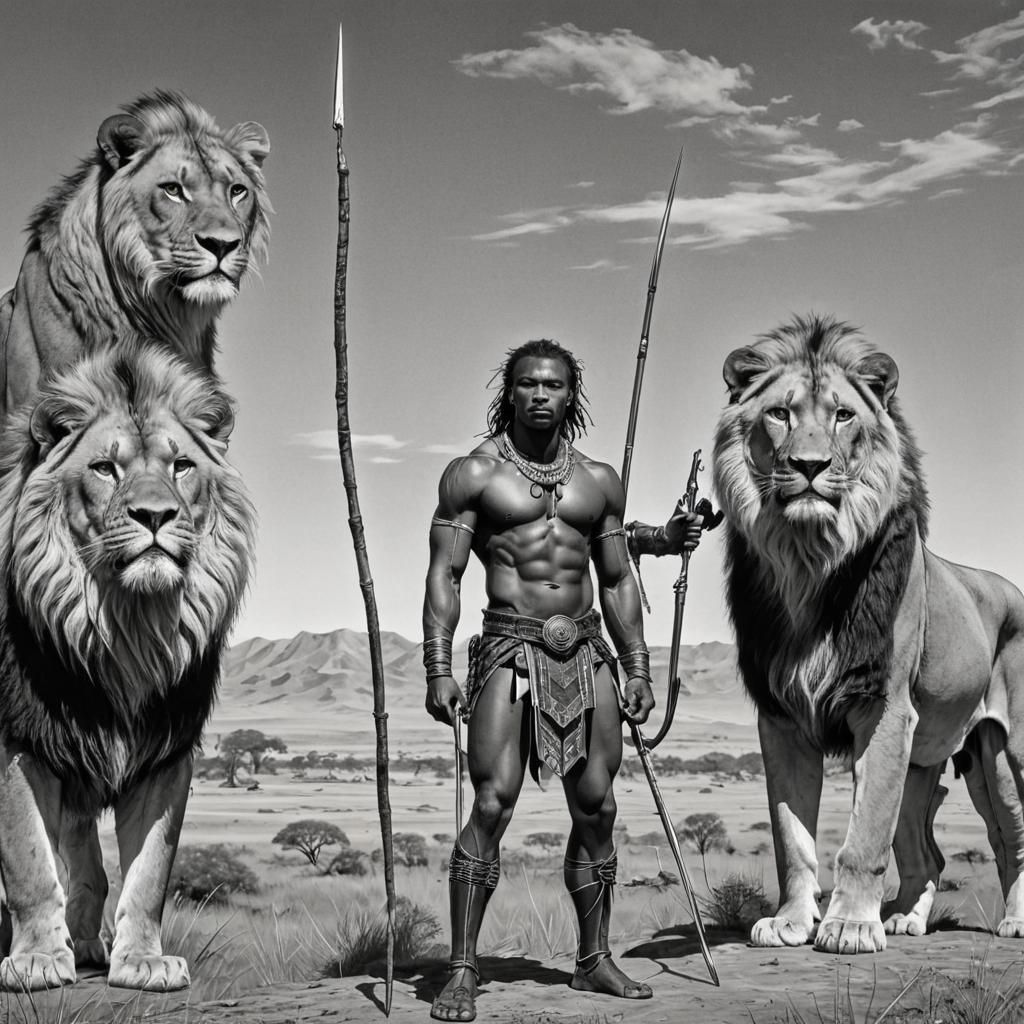 Masai Warrior and Lion Sketch on the Savannah