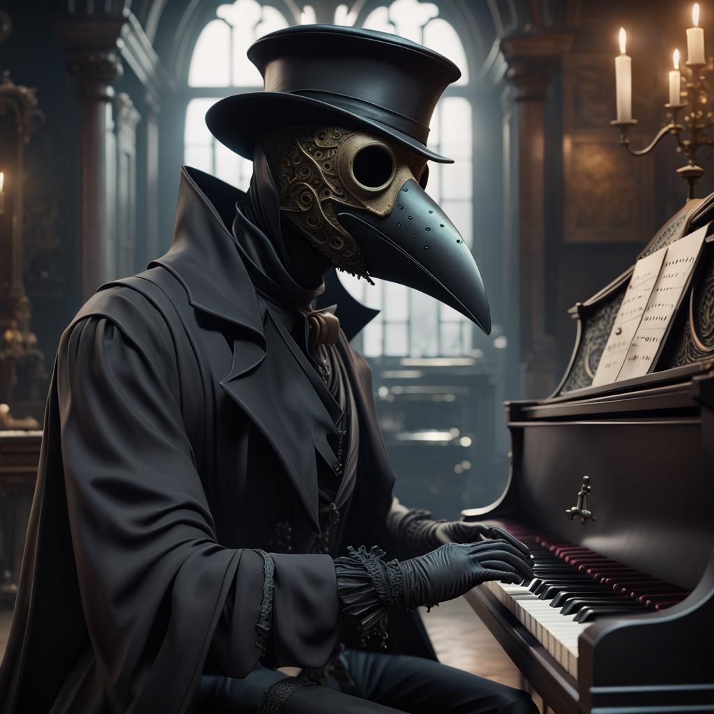 Plague Doctor Plays Piano in Detailed Matte Painting
