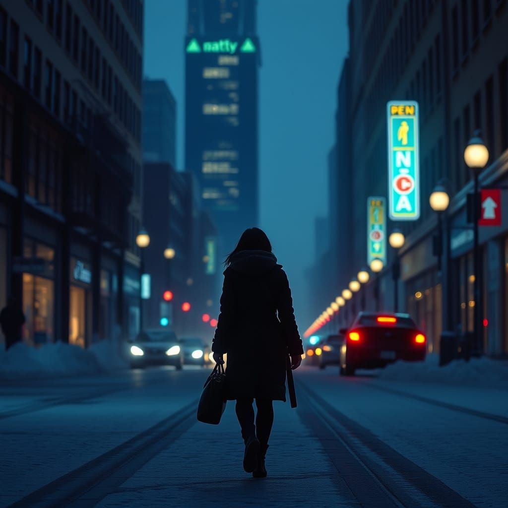 Silhouetted Figure in Snowy City Street at Dusk