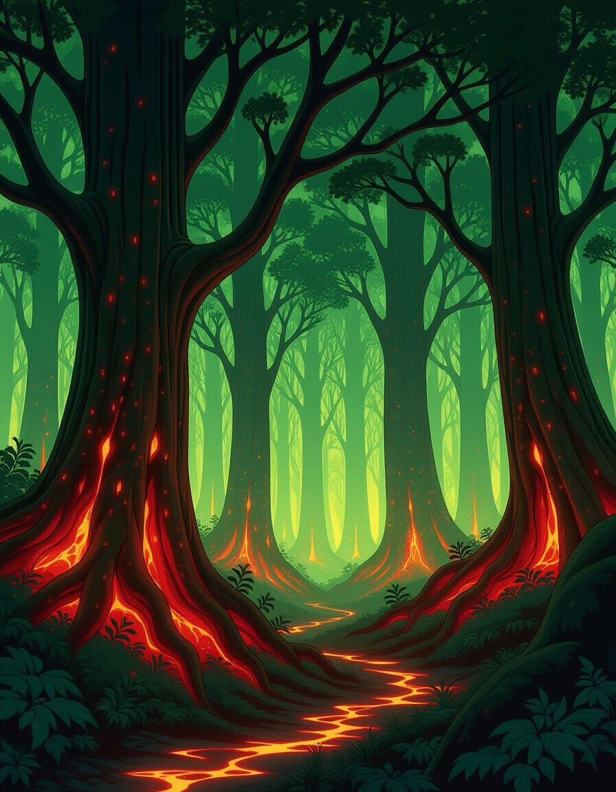 Bioluminescent Forest with Ancient Trees, in Art Nouveau Sty...