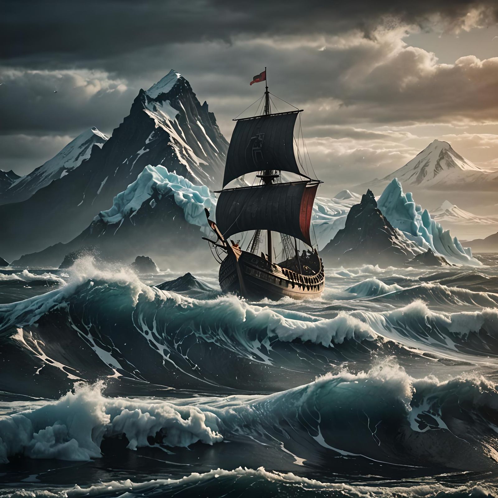 Epic Viking Ship Amidst Ocean, Iceberg, Volcano