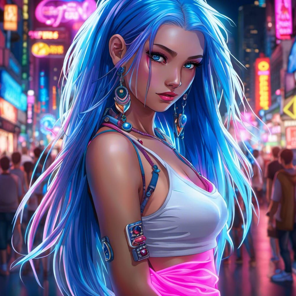 Anime Raver Woman with Blue Hair in City