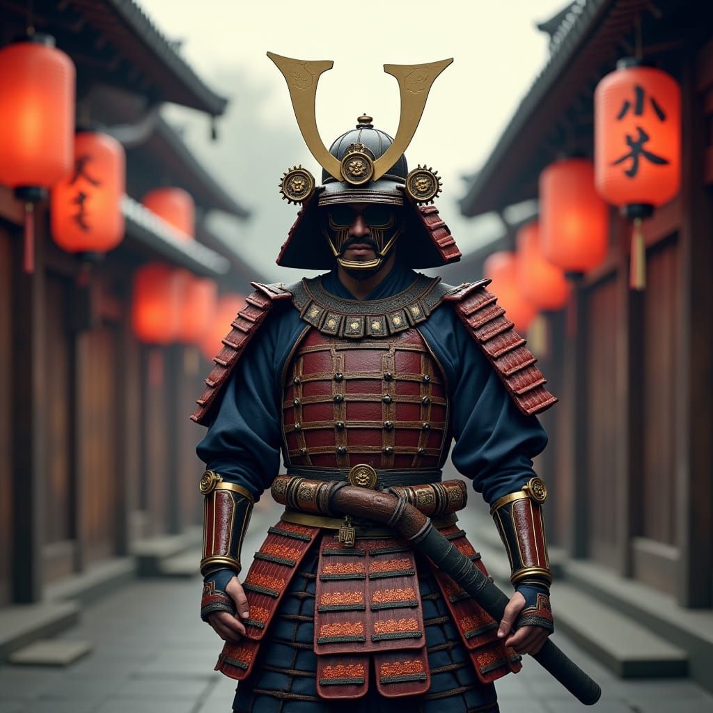 Meiji Samurai Warrior in Bustling Street Scene