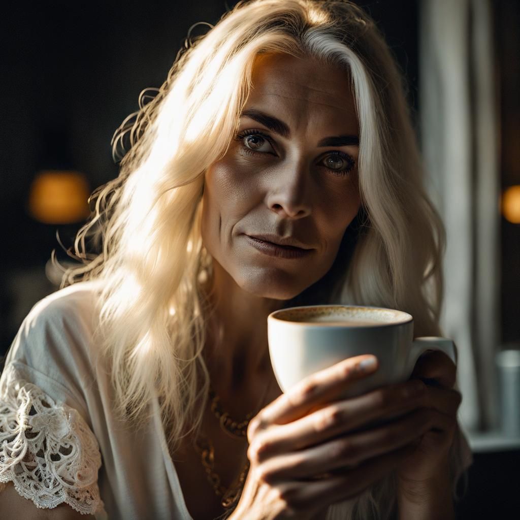 Jolly Woman with White Hair Sipping Coffee