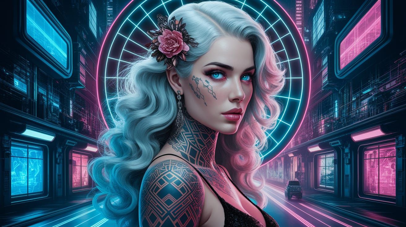 Cyberpunk Art Deco Woman with Fiery Blue Hair