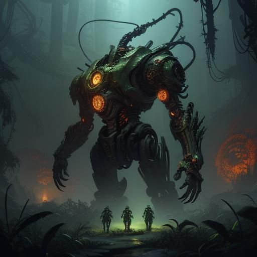 Towering Biomechanical Stalk in Industrial Jungle