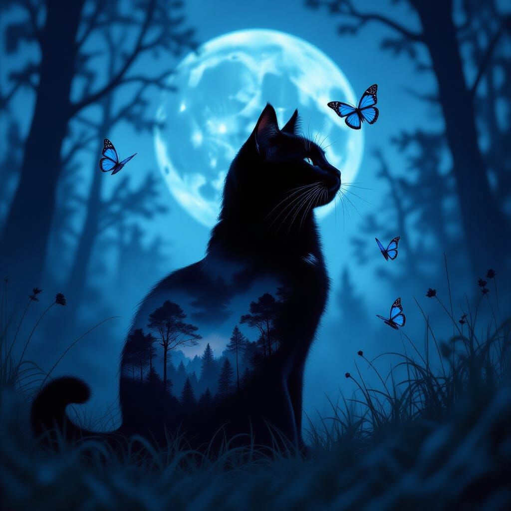 Mystical Forest Cat Silhouette with Blue Moon